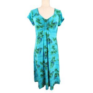 Fresh Produce Dress Womens Small Turquoise Midi Ruching Palms Tropical USA